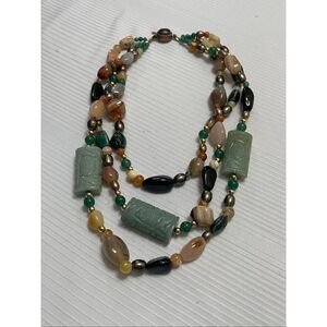 Vintage Hand-Carved Agate Necklace Multi Color Green Jade Carved